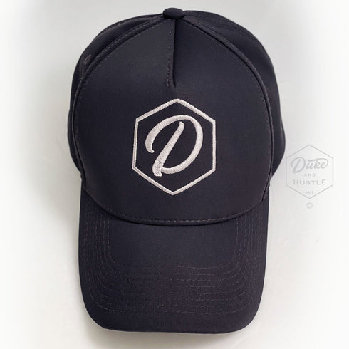 Black 5 Panel Cap, White thread, Embroidered D Logo, Front, Above View